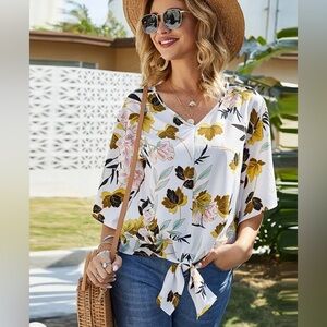 Aakaa Boutique Tie Front Floral Kimono Top Blouse